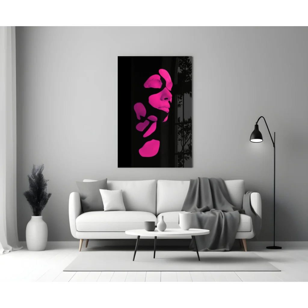 Vibrant pink abstract face glass wall art on black canvas