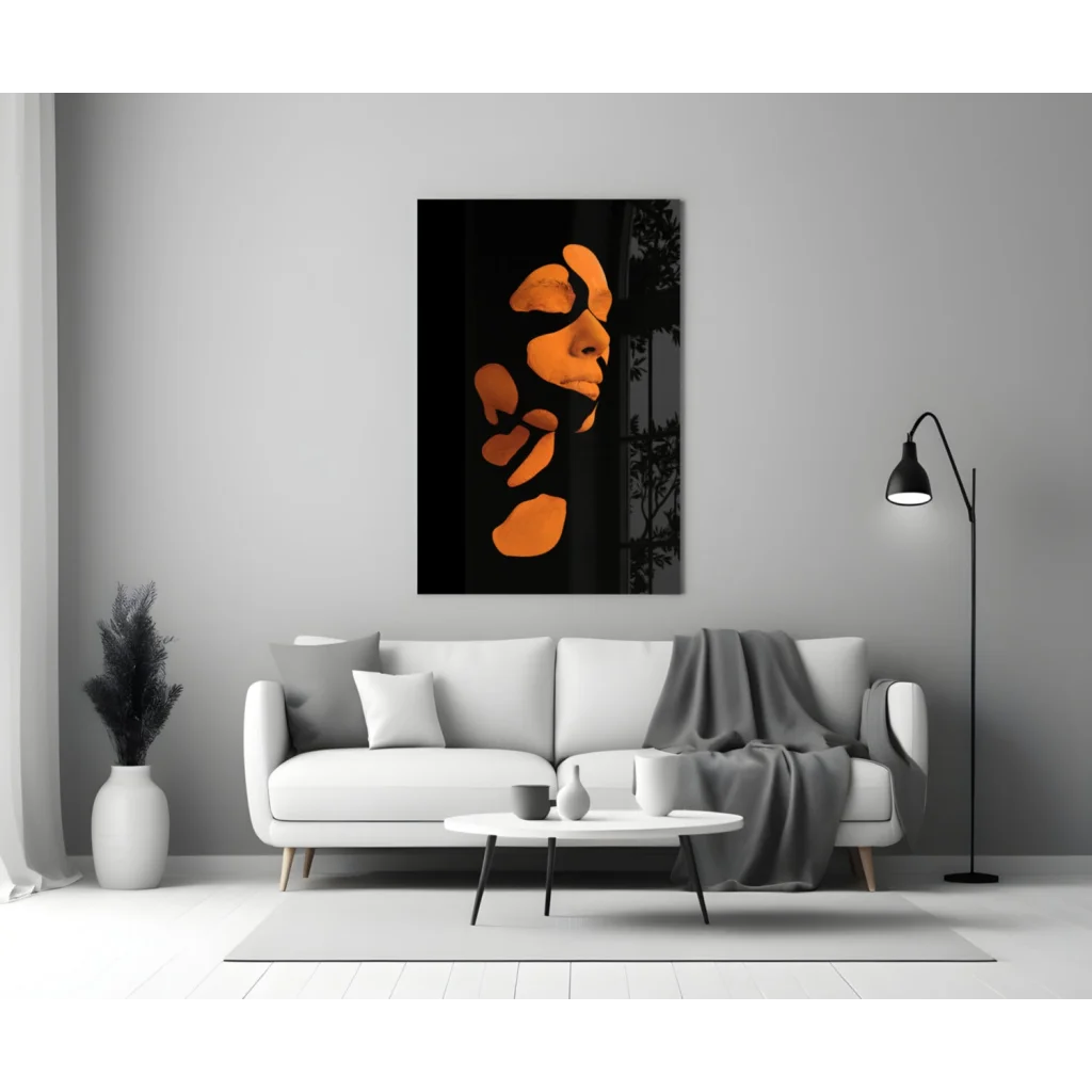 Stunning orange abstract face glass wall art on black canvas