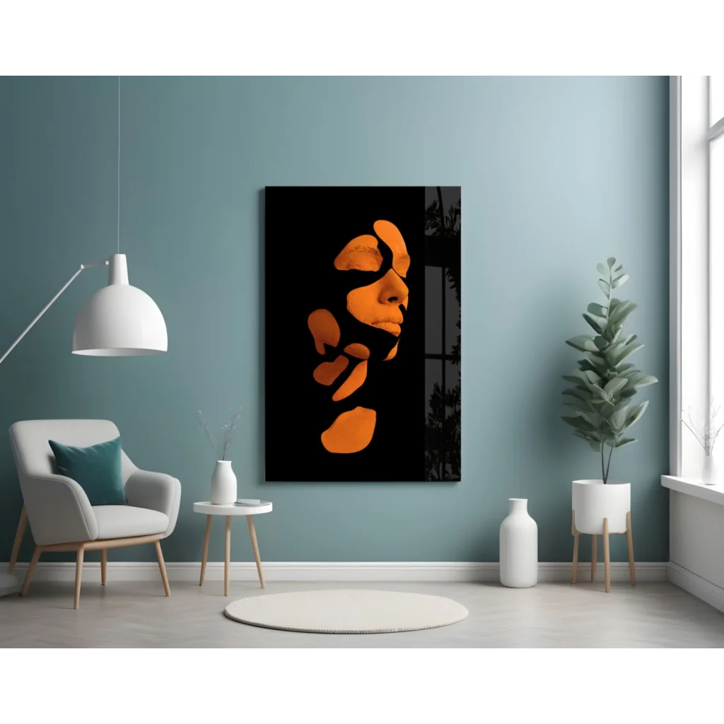 Stunning orange abstract face glass wall art on black canvas