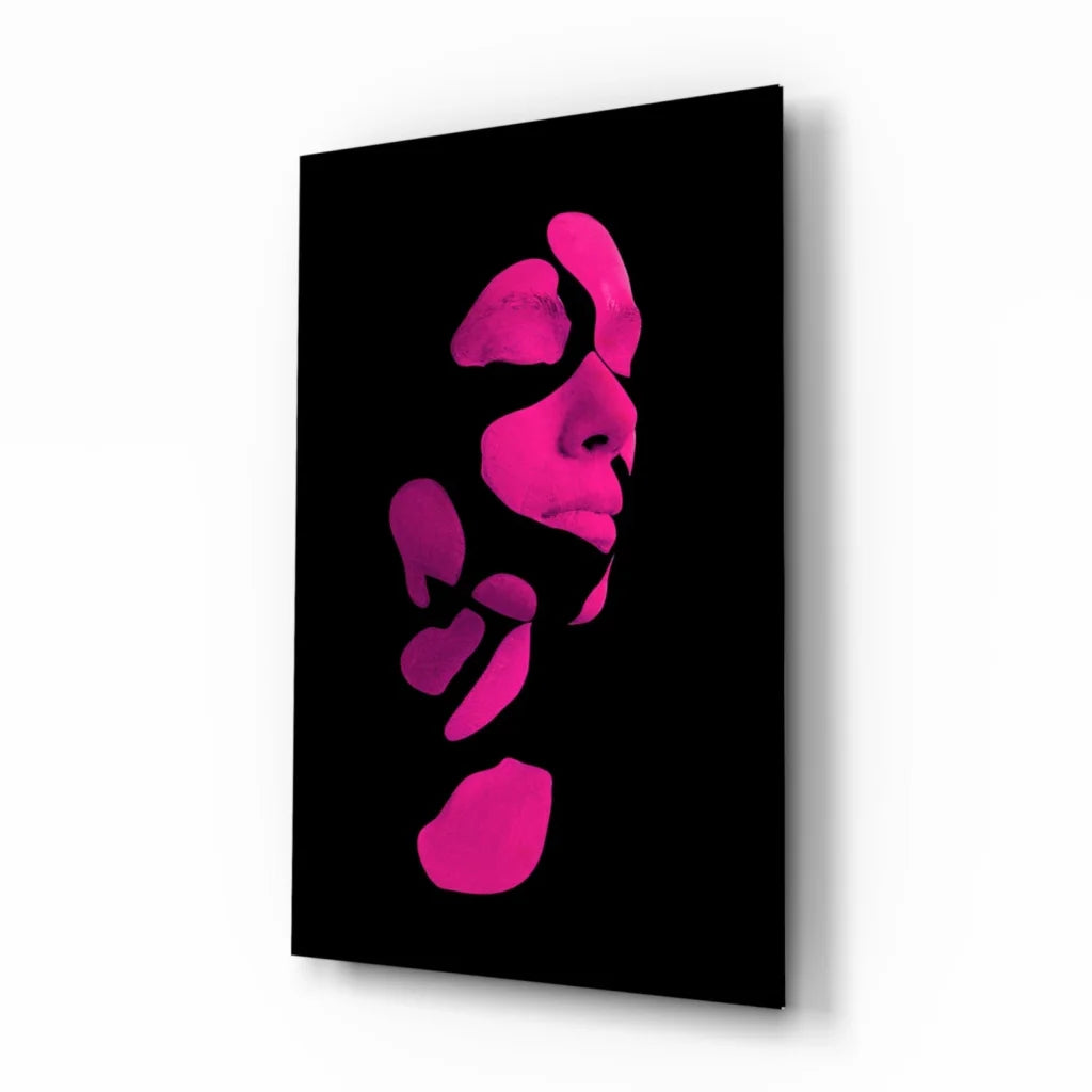 Vibrant pink abstract face glass wall art on sleek black canvas