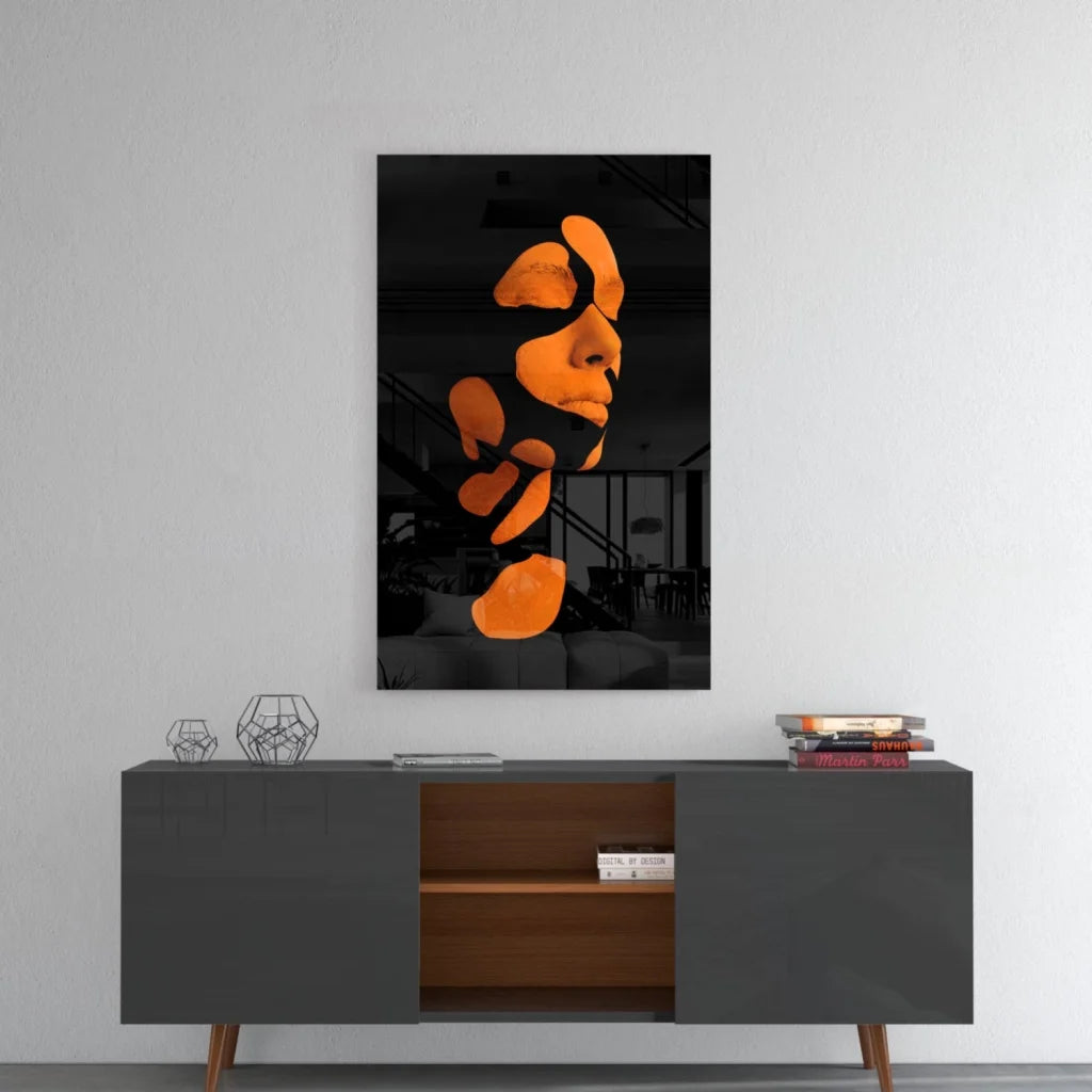 Stunning orange abstract face glass wall art on black canvas