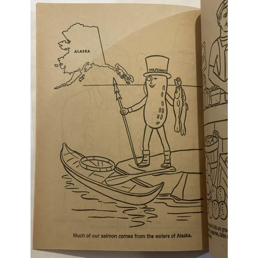 Cartoon salmon in a top hat canoeing by an Alaska map in a fun states coloring book