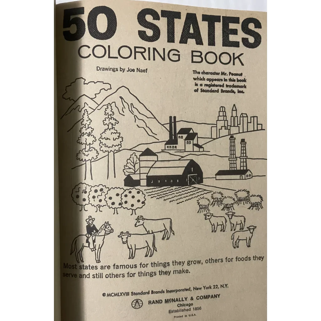 Cover of Explore America with Mr Peanut coloring book showcasing a rural landscape of states