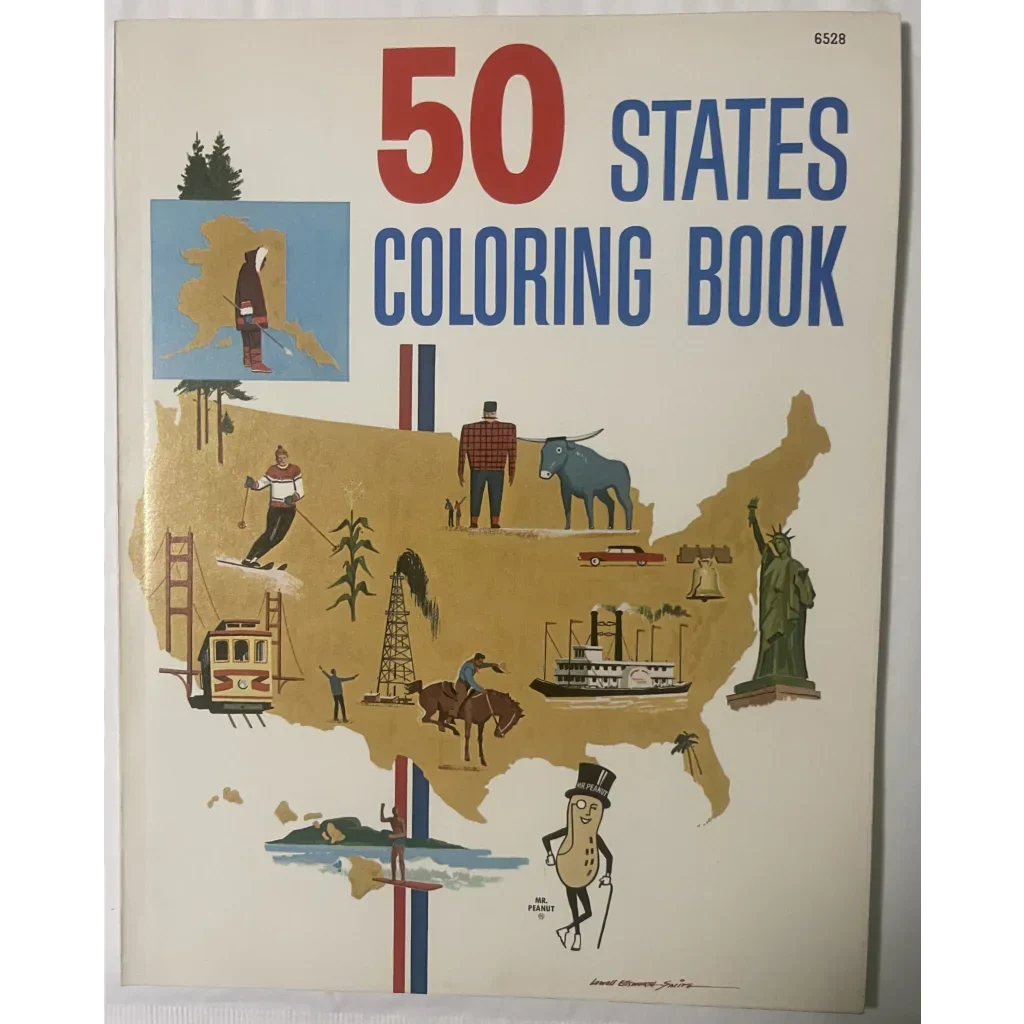 Cover of Explore America with Mr Peanut 1968 Vintage States Coloring Book with U.S. icons