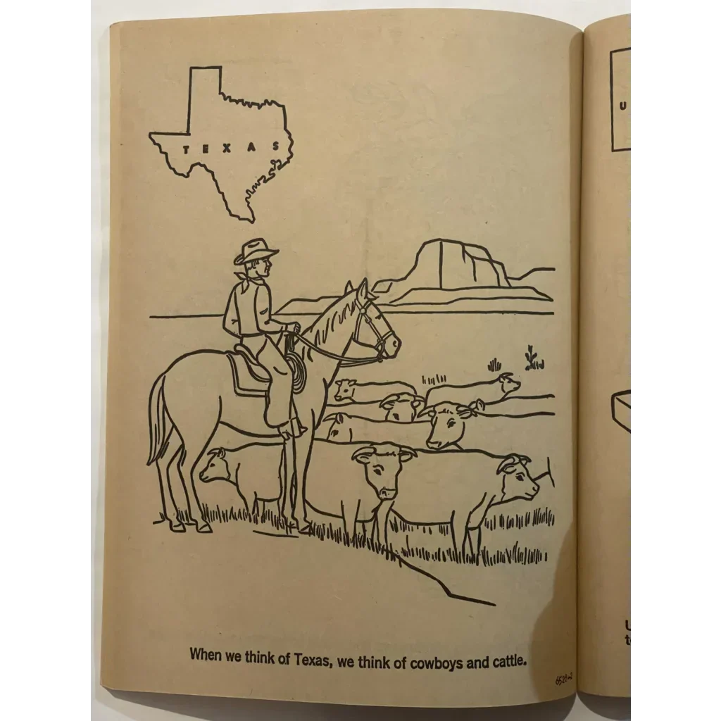 Line drawing of a cowboy herding cattle in Texas from Explore America coloring book