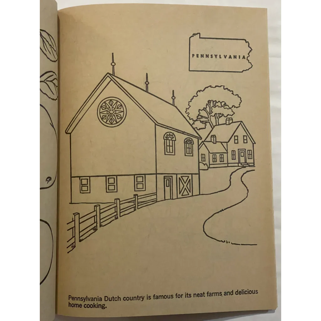 Line drawing of a Pennsylvania Dutch barn in the Explore America coloring book