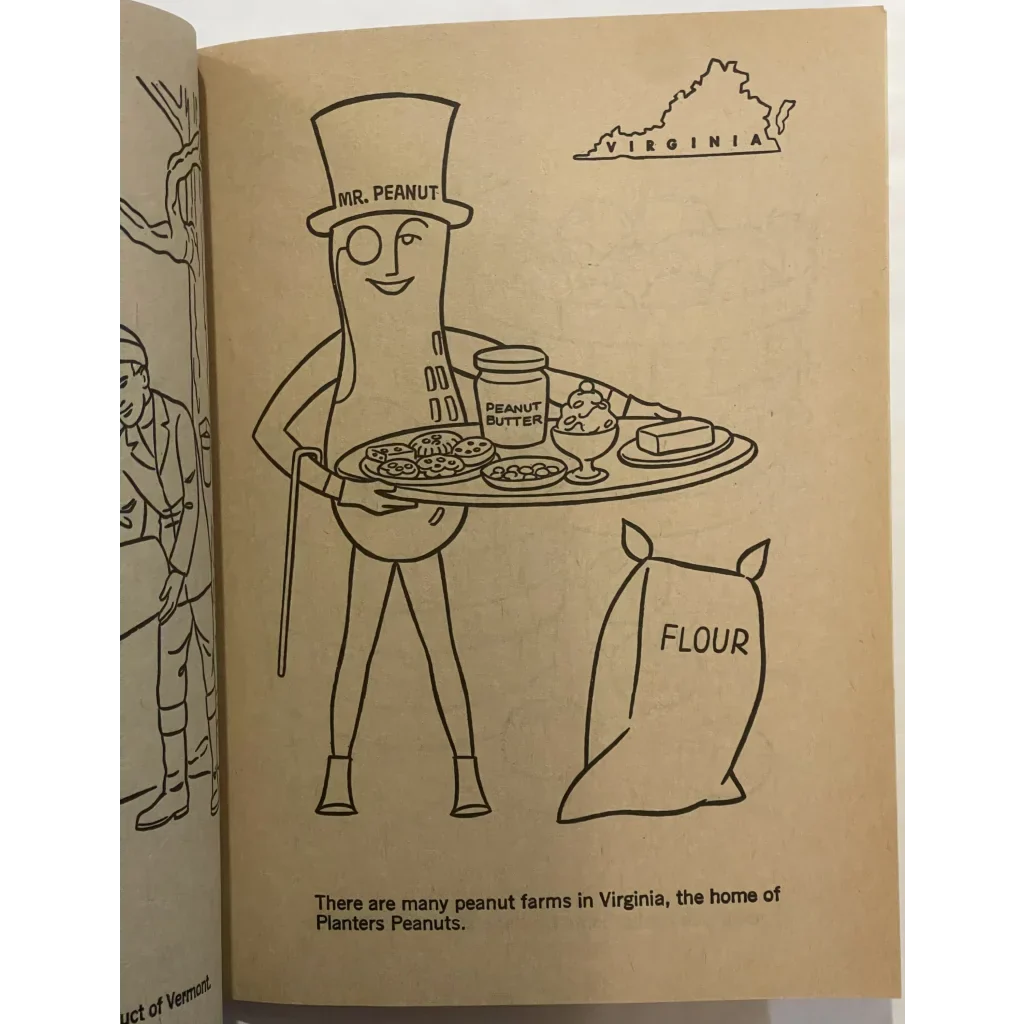 Anthropomorphic peanut in a top hat with food tray for Explore America States Coloring Book