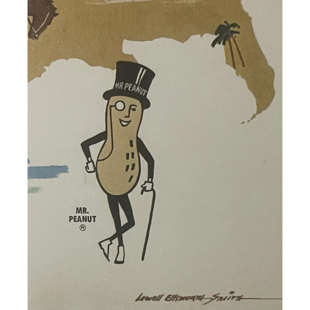 Cartoon peanut mascot with a top hat and cane for Explore America states coloring book