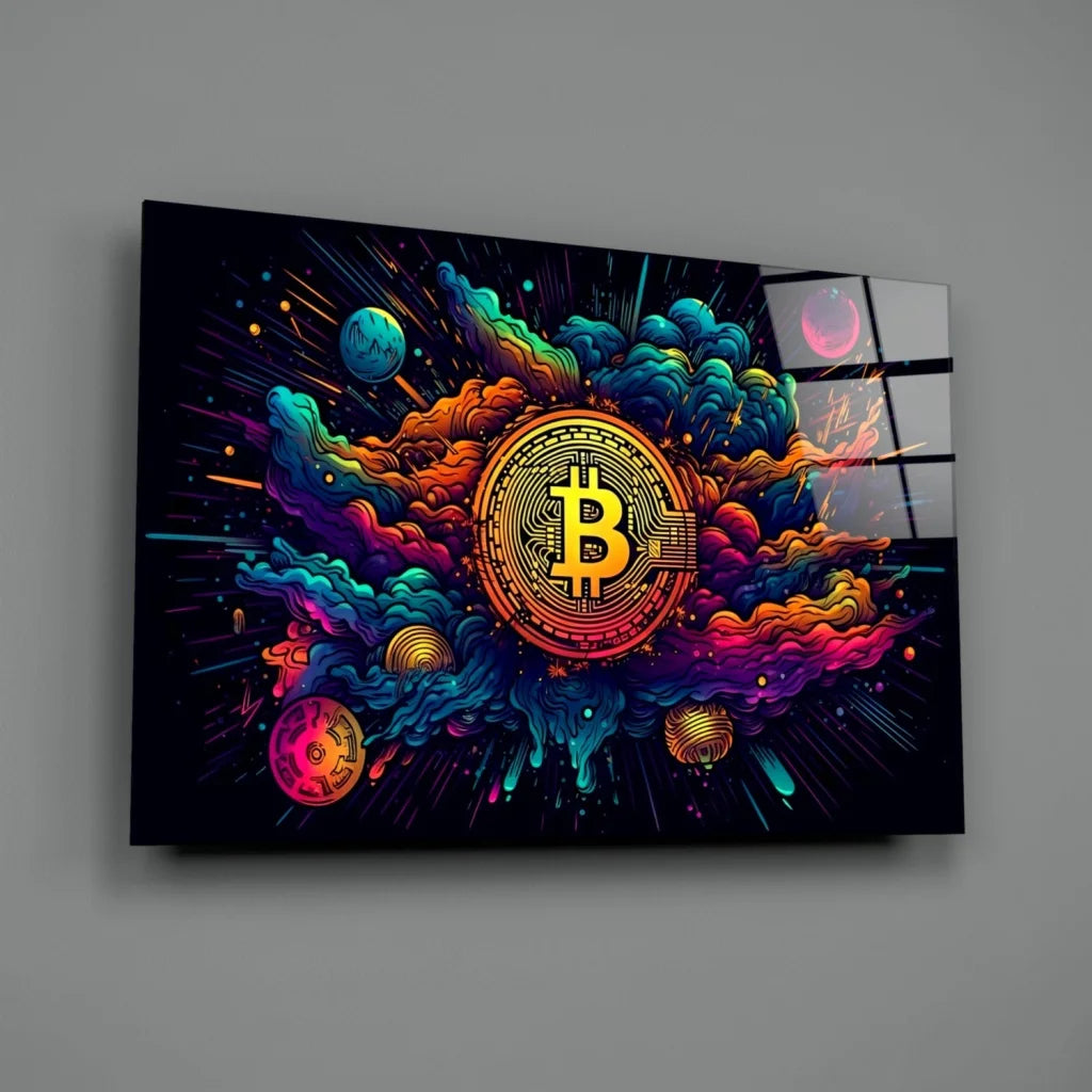 Vibrant Bitcoin cosmic canvas wall art exploding with color
