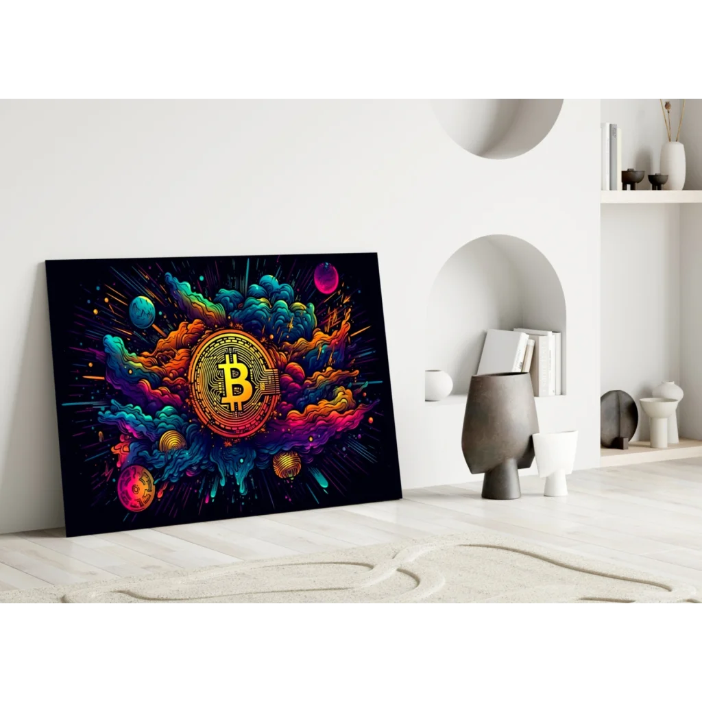 Vibrant explosive Bitcoin canvas wall art bursting with cosmic color