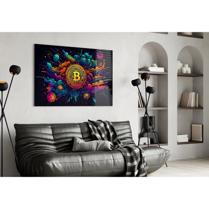 Vibrant Bitcoin canvas wall art with explosive gold coin splatter design