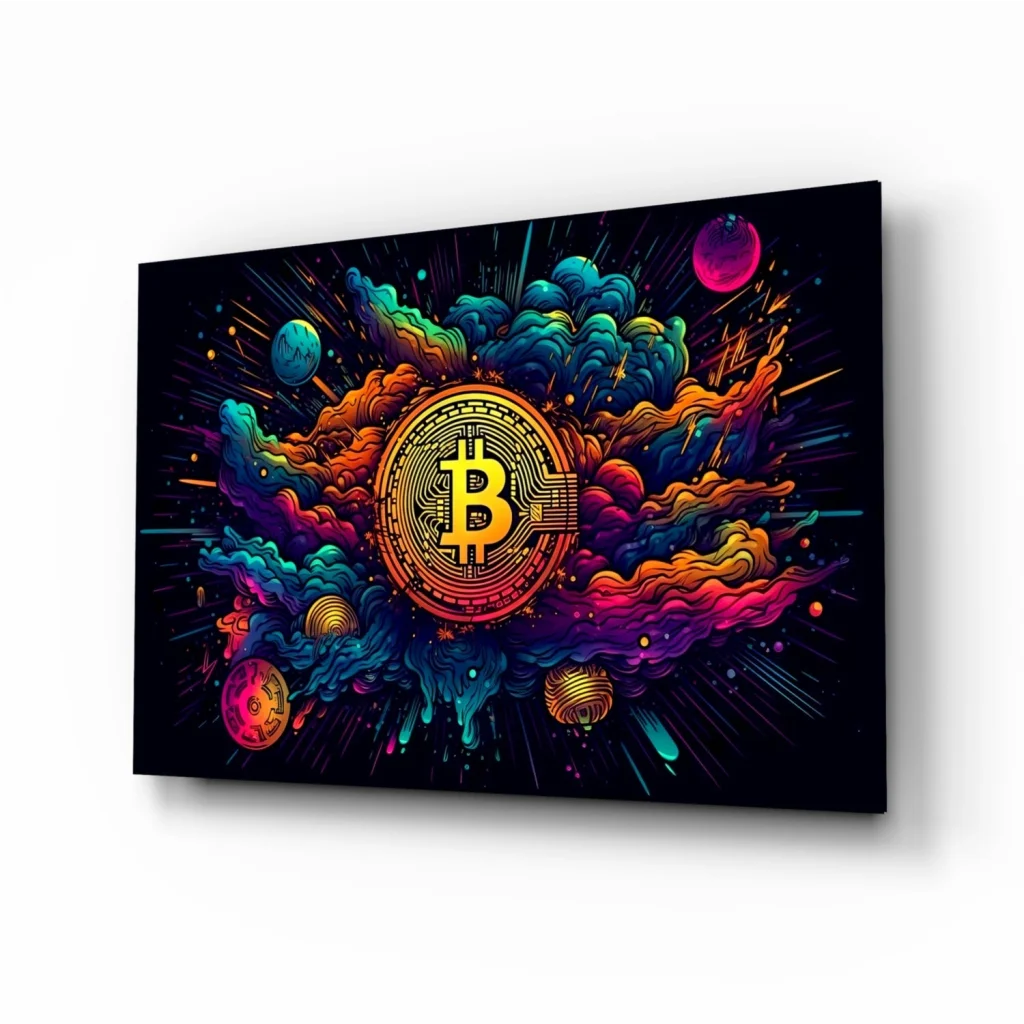 Vibrant Bitcoin canvas wall art exploding with cosmic colors