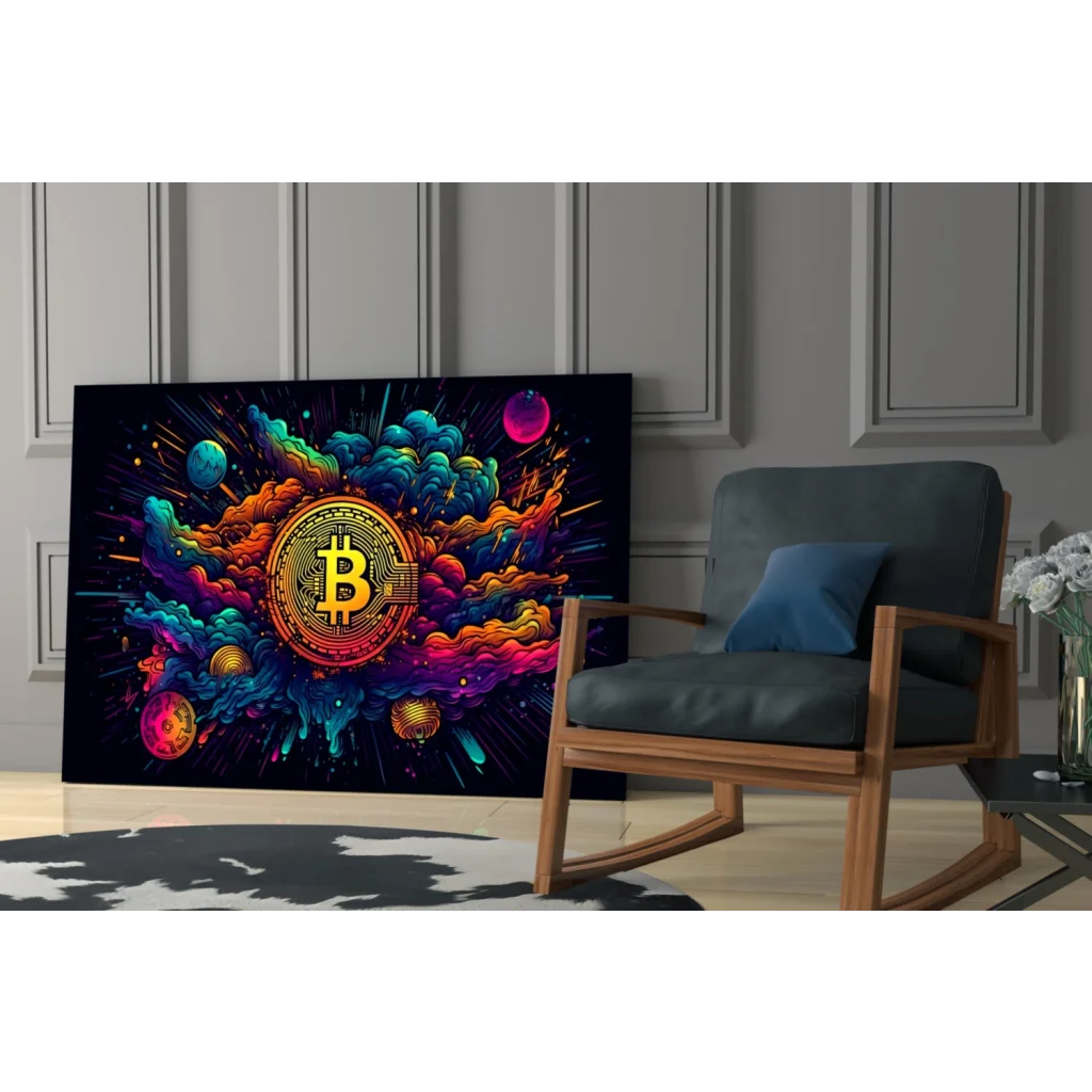 Vibrant Bitcoin cosmic wall art poster with planets and stars
