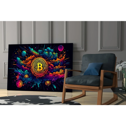 Vibrant Bitcoin cosmic wall art poster with planets and stars
