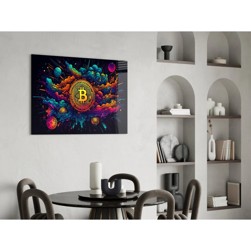 Vibrant Bitcoin canvas wall art with gold coin and colorful cosmic splatters