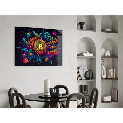 Vibrant Bitcoin canvas wall art with gold coin and colorful cosmic splatters