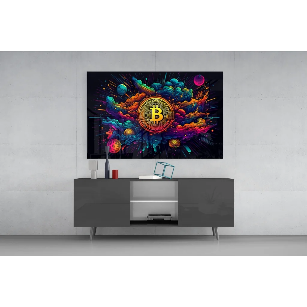 Vibrant Bitcoin canvas wall art with golden coin and cosmic colors