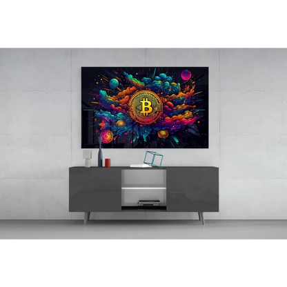 Vibrant Bitcoin canvas wall art with golden coin and cosmic colors