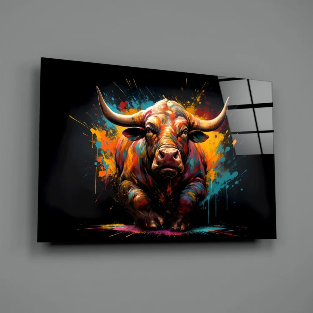 Vibrant explosive bull glass wall art with bold orange, blue, yellow splashes