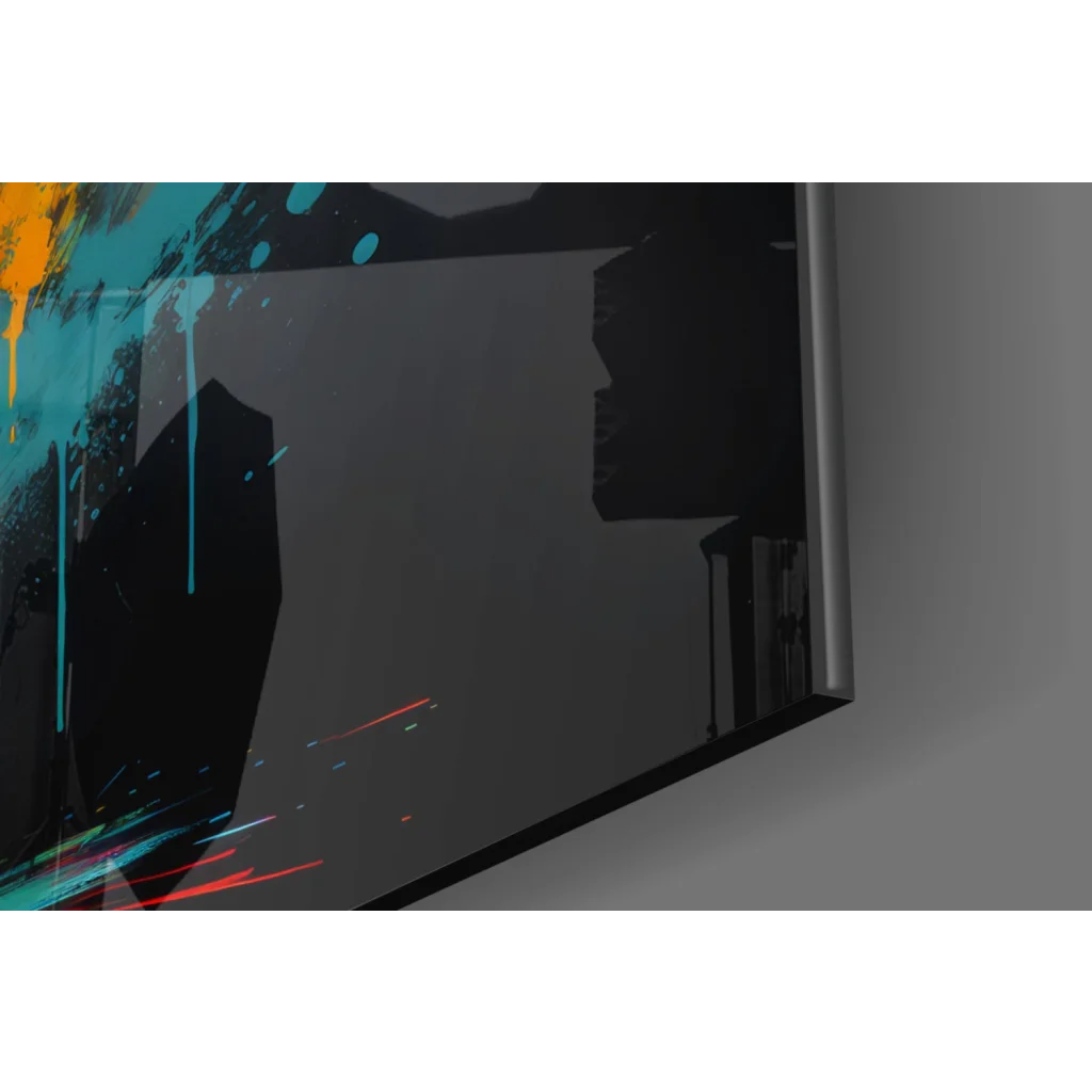 Vibrant teal, orange, red paint splashes on Explosive Bull glass wall art