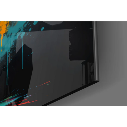 Vibrant teal, orange, red paint splashes on Explosive Bull glass wall art