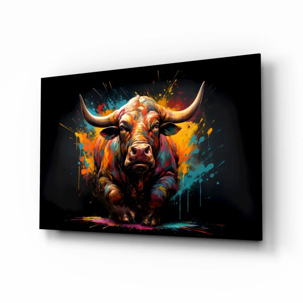 Vibrant explosive bull glass wall art with orange teal paint splashes