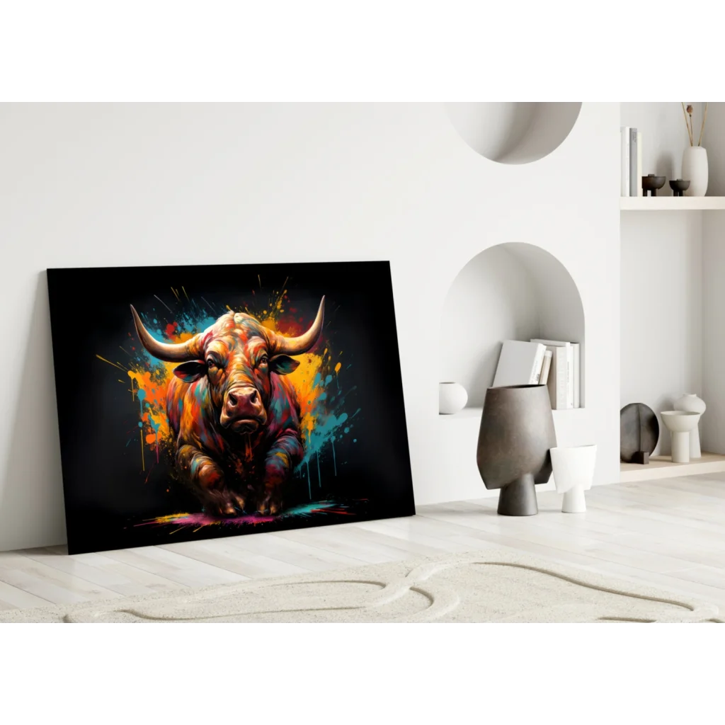 Vibrant bull glass wall art with explosive orange, blue, yellow paint splashes