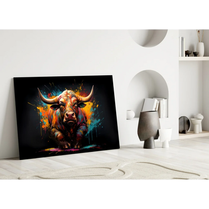 Vibrant bull glass wall art with explosive orange, blue, yellow paint splashes