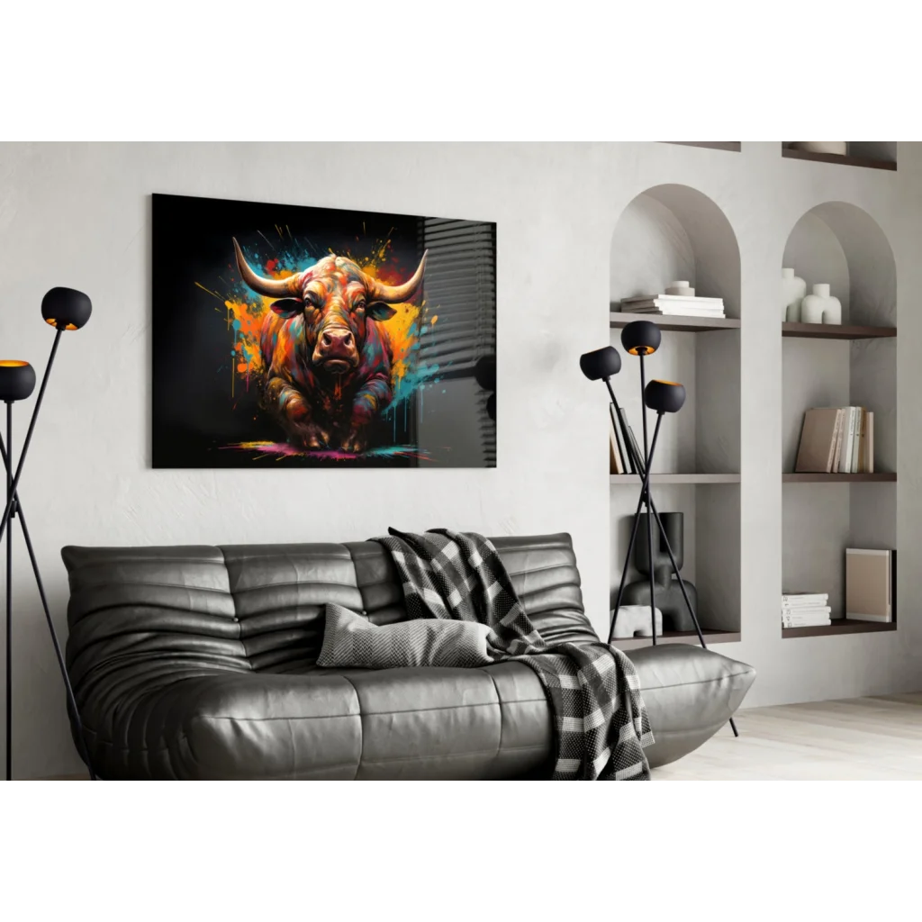 Vibrant abstract bull portrait on black canvas above sofa, explosive glass wall art