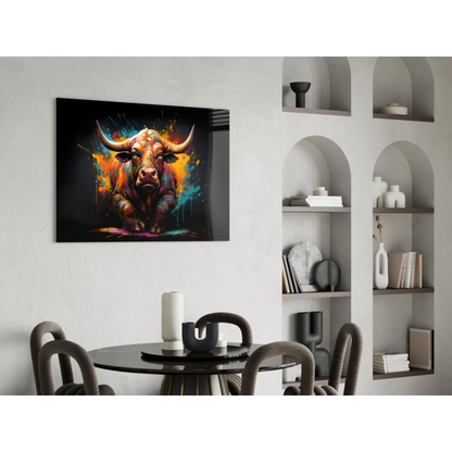 Vibrant explosive bull glass wall art with orange blue paint splashes