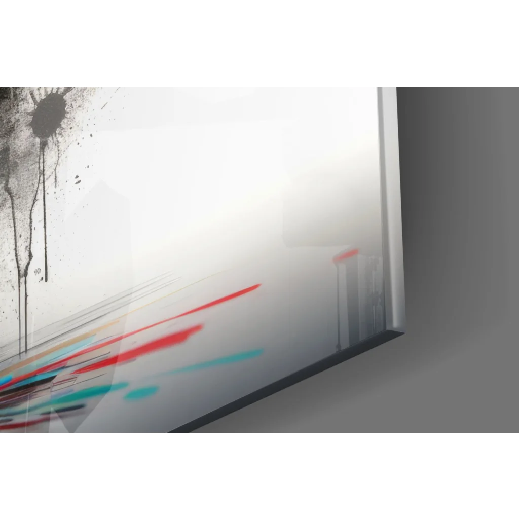 Explosive Color Bull glass wall art with bold red, teal, black splatters