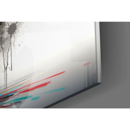 Explosive Color Bull glass wall art with bold red, teal, black splatters