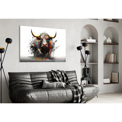 Vibrant abstract bull canvas wall art print with bold color splashes