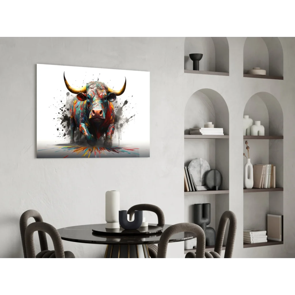 Vibrant abstract bull wall art canvas print with bold yellow horns and colorful splashes