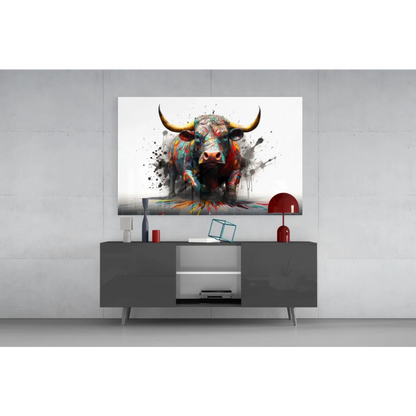 Vibrant abstract bull wall art canvas print with bold yellow horns