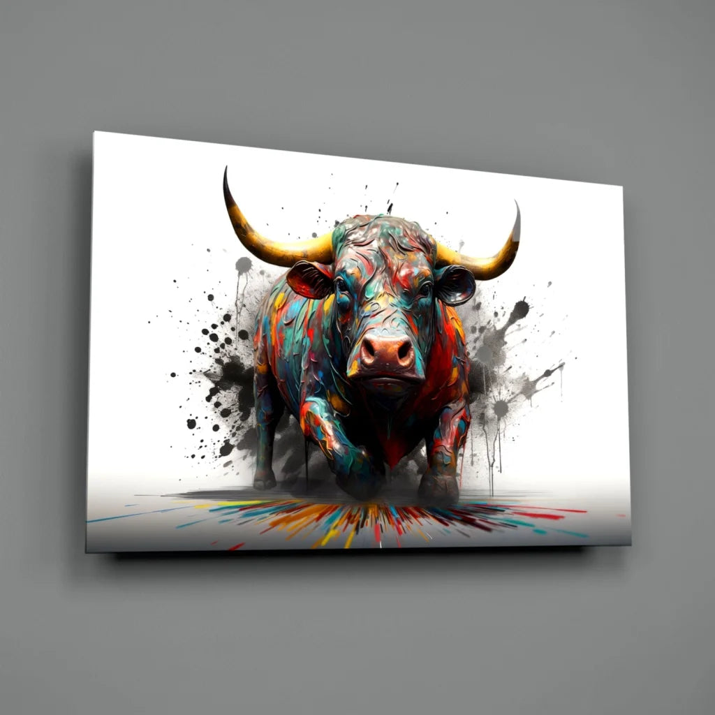 Vibrant abstract bull wall art canvas print with bold yellow horns and colorful paint splashes