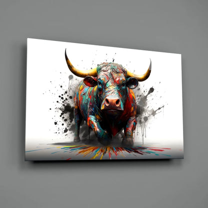 Vibrant abstract bull wall art canvas print with bold yellow horns and colorful paint splashes