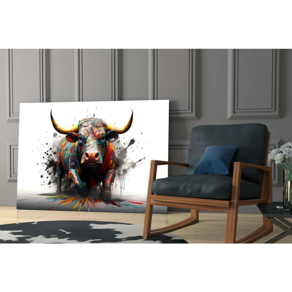 Vibrant abstract bull wall art canvas print with bold color splashes and gold horns