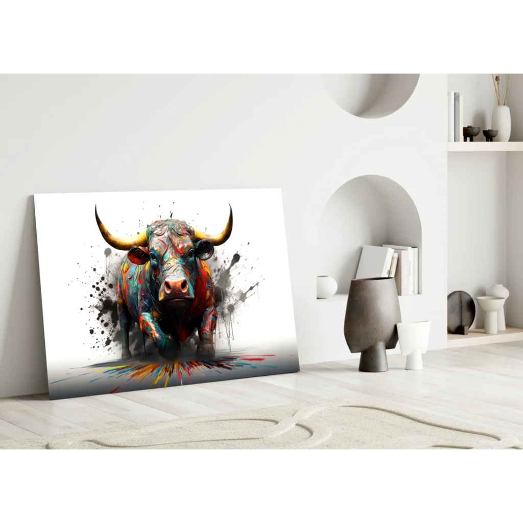 Vibrant abstract bull canvas wall art with bold color splashes