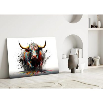 Vibrant abstract bull canvas wall art with bold color splashes