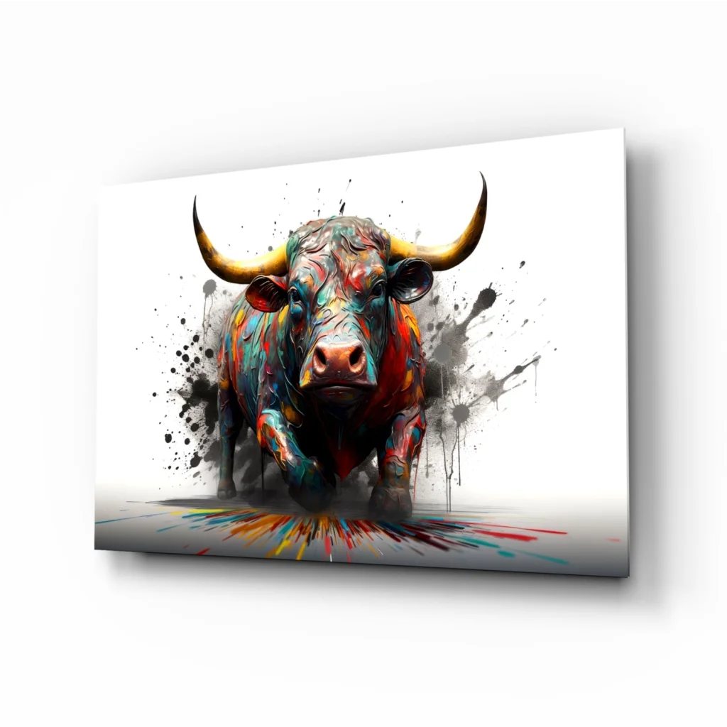 Vibrant abstract bull wall art canvas print with bold yellow horns