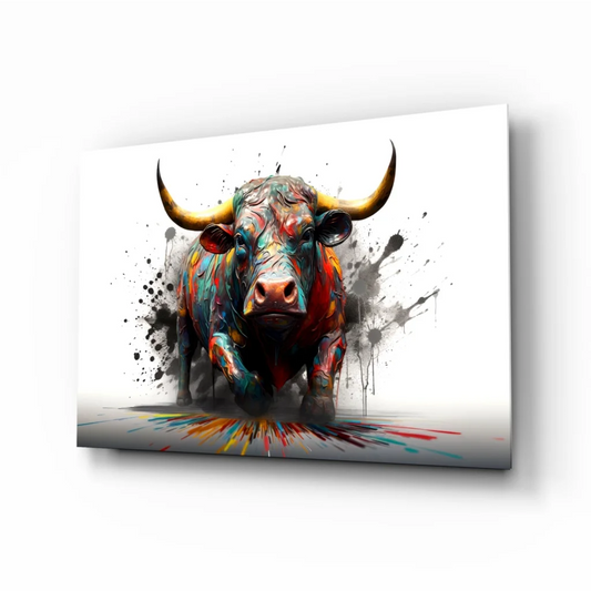 Vibrant abstract bull wall art canvas print with bold yellow horns