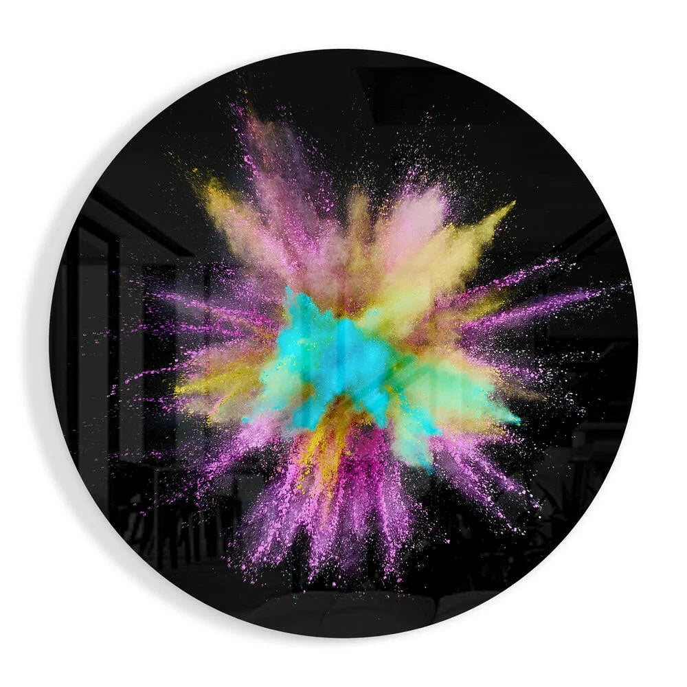 Vibrant multicolored powder explosion in tempered glass art for walls
