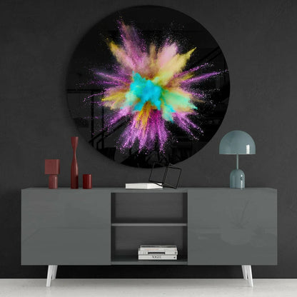 Round colorful powder explosion in tempered glass art for walls