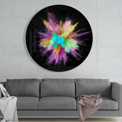 Round colorful powder explosion glass art on black background