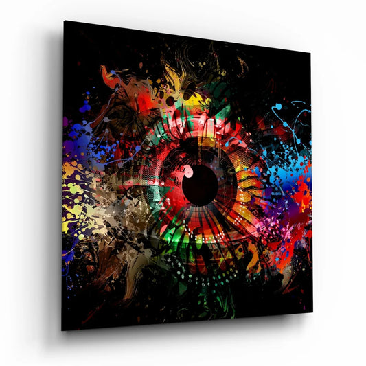 Vibrant Explosive Eye tempered glass art with colorful splashes