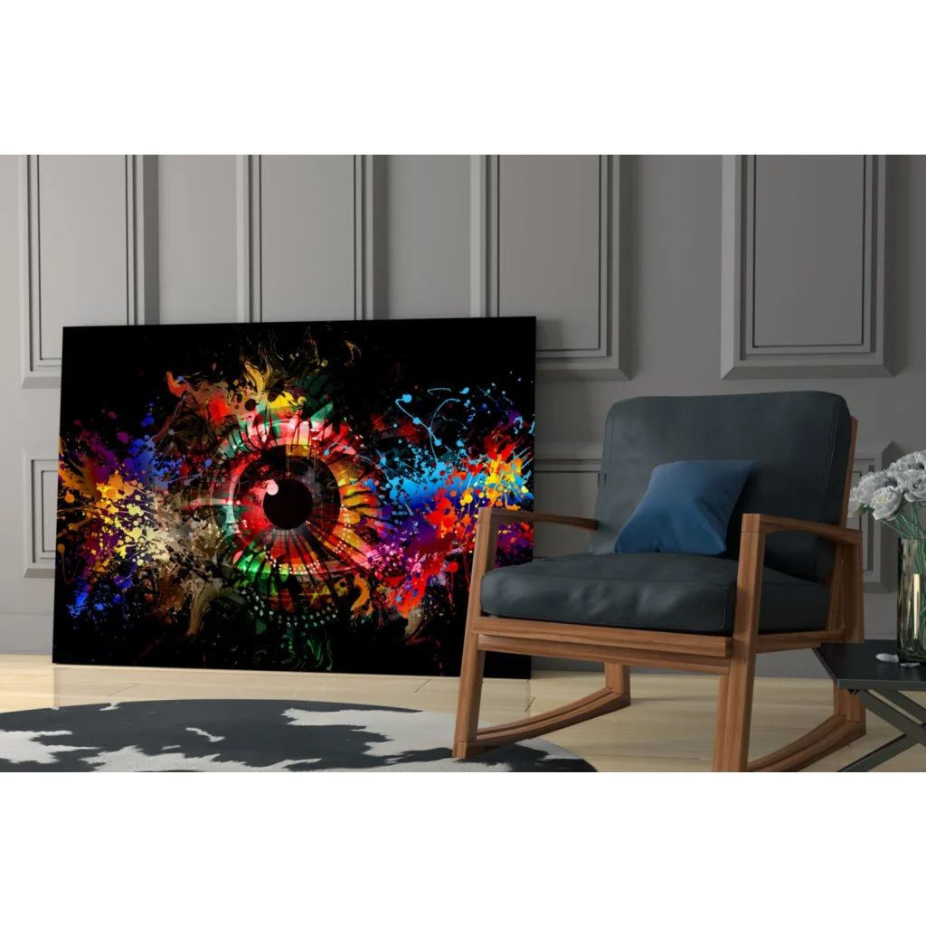 Vibrant explosive rainbow eye wall art on black canvas