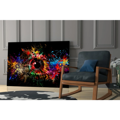 Vibrant explosive rainbow eye wall art on black canvas