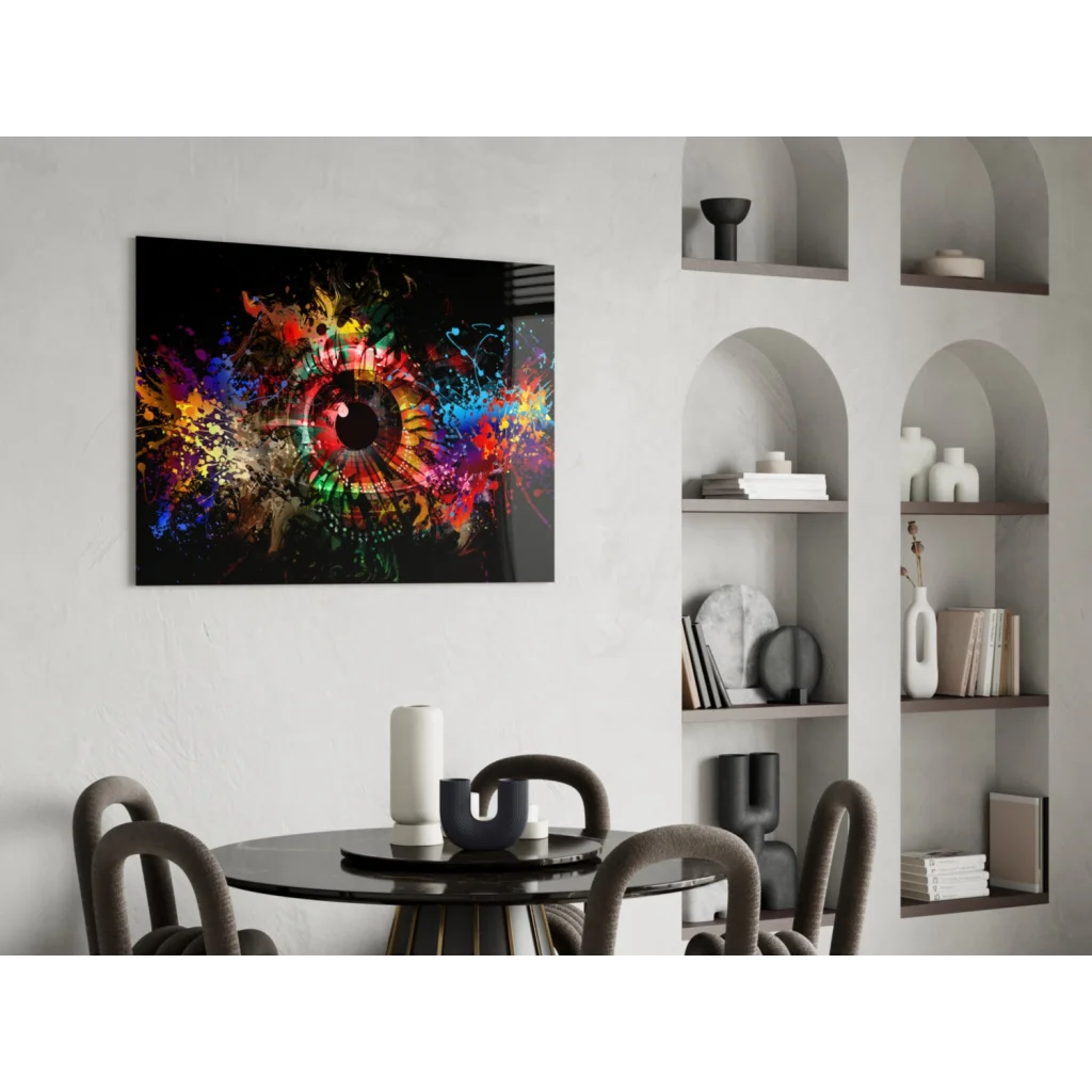 Vibrant rainbow eye wall art on glossy black canvas