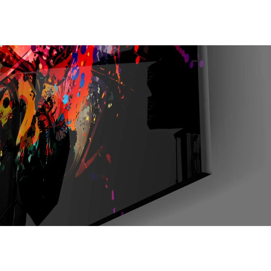 Vibrant Explosive Rainbow eye wall art on black canvas with bold splashes